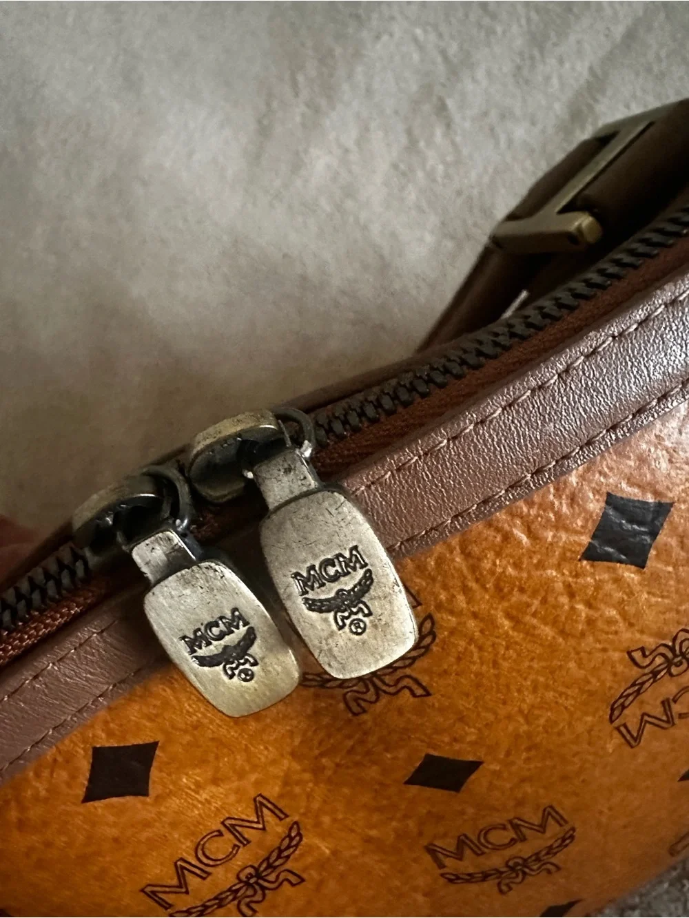 MCM Visetos Cognac Logo Satchel with Brown Trim
